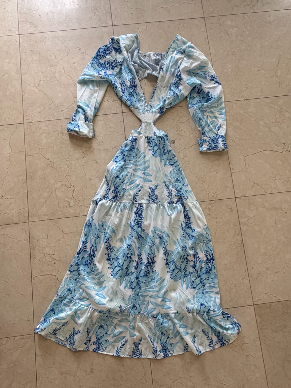 Blue & White Floral Cutout Maxi Dress